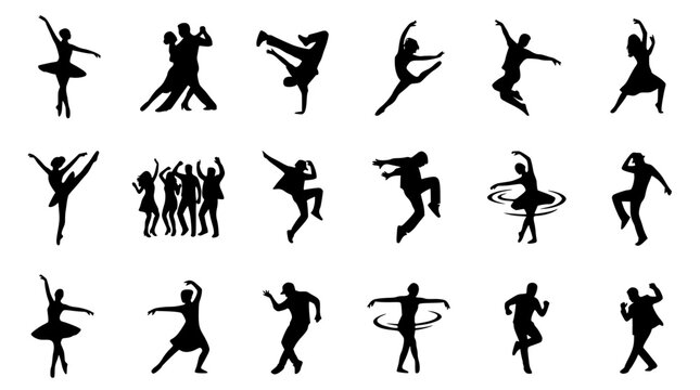 Dancers Silhouette Icon Set Featuring Ballet Dancers Breakdancing Couples and Contemporary Poses for Performing Arts Dance Studios and Entertainment Designs