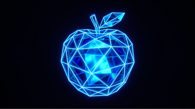 Futuristic Neon Blue Low Poly Apple Glowing on Black Background