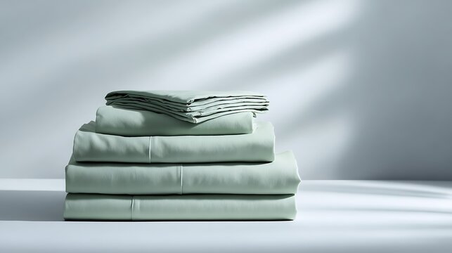 Stack of Folded Green Bed Linens in Bright Bedroom / 明るい寝室に重ねられた美しく畳まれたグリーンのベッドシーツ