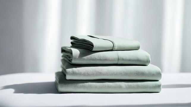 Minimalist Stack of Green Bed Linens / グリーンで統一されたミニマルなベッドリネンのスタック