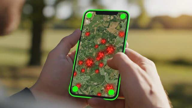 Man holding smartphone with digital map displaying red virus danger zones. Tracking viral outbreak spread on mobile device interface. Global health emergency crisis.