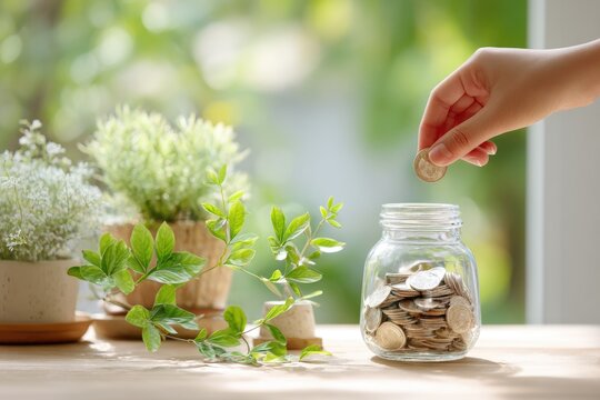 hand putting coin into glass jar labeled savings, natural light, minimal composition, personal finance concept,
