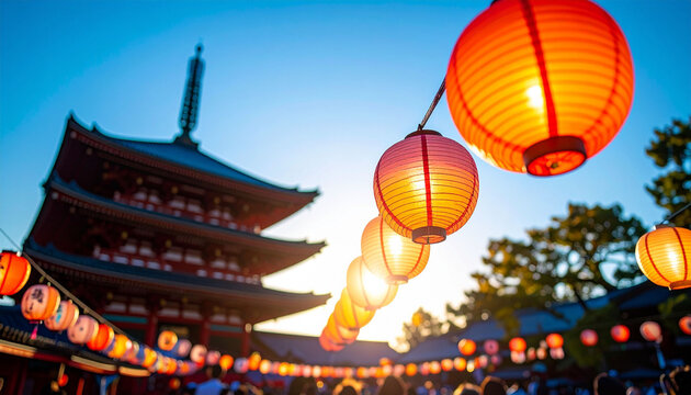 日本の寺院と夕暮れに輝く赤い提灯の列　お祭りの雰囲気漂うノスタルジックな風景と日本の伝統行事を象徴するオレンジ色の灯りが並ぶ背景素材　ポスターや観光パンフレットの挿絵に使用可能な情緒あふれる美しい光景