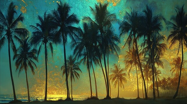 Tropical Paradise Sunset: Silhouettes of lush palm trees fringe a tranquil beach as the sun descends, casting a warm, golden glow across the turquoise water and sky.