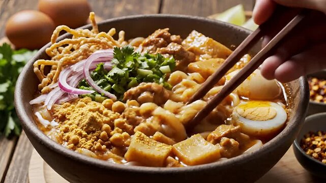 Delicious Khao Soi Noodle Soup Being Eaten with Chopsticks.