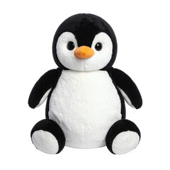 Fototapeta premium Adorable plush toy representation of a baby emperor penguin featuring soft black and white fur and a bright orange beak&nbsp;
