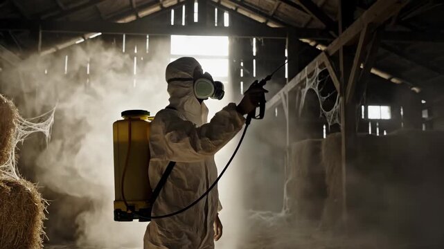 Exterminator in protective suit spraying insecticide in dusty barn. Man with respirator sanitizing agricultural building. Pest control service and disinfection work.