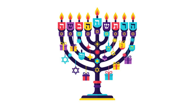 Hanukkah Menorah with Candles, Gifts and Hebrew Letters on White Background