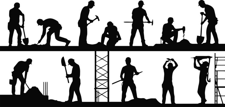 construction workers silhouettes with scaffolding and crane hook