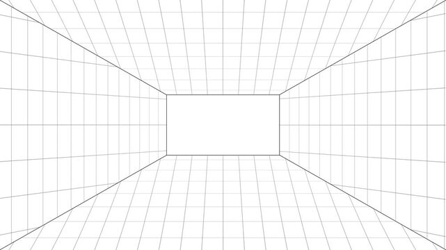 A wireframe perspective view of a rectangular room or tunnel with a grid pattern on all surfaces, showing converging lines and a vanishing point, suggesting depth and spatial representation