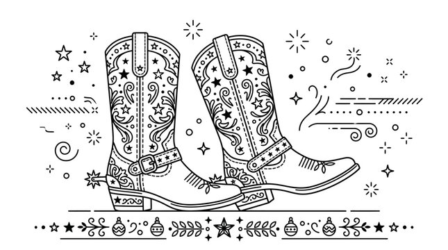 Detailed line art illustration of decorative western cowboy boots.