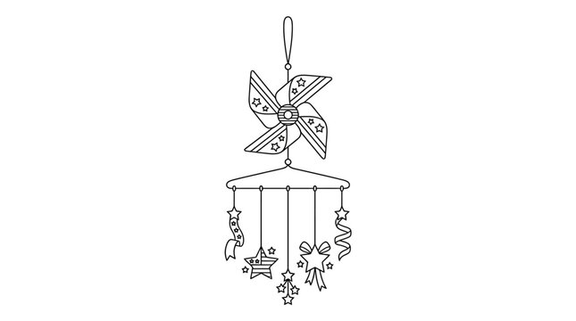 Doodle illustration of a decorative hanging baby mobile with a pinwheel and various charms.