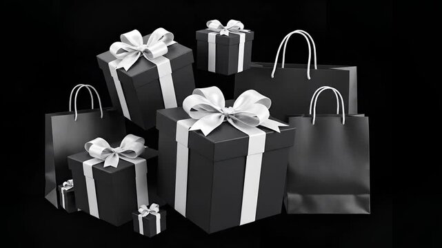 Elegant Black Gift Boxes and Shopping Bags Arrangement.