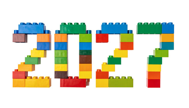 Colorful interlocking plastic building bricks precisely arranged to construct the numerical sequence representing the year 2027&nbsp;