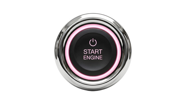 Modern car start engine button with pink neon light, chrome ignition switch on white background, automotive push start technology