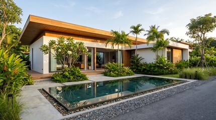 Fototapeta premium Modern Minimalist Tropical House Exterior Teak Wood Garden Morning Light Architecture