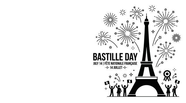 Eiffel Tower silhouette with fireworks celebrating French Bastille Day national holiday.