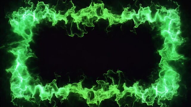 Green plasma frame, vibrant glowing neon flames border, dynamic motion effect on black background, symbolizing energy and technology, representing innovation and power.
