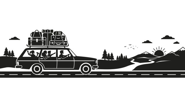 Family traveling in a car loaded with luggage.