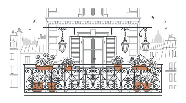 Elegant wrought iron balcony with potted flowers and hanging lanterns in Paris style.