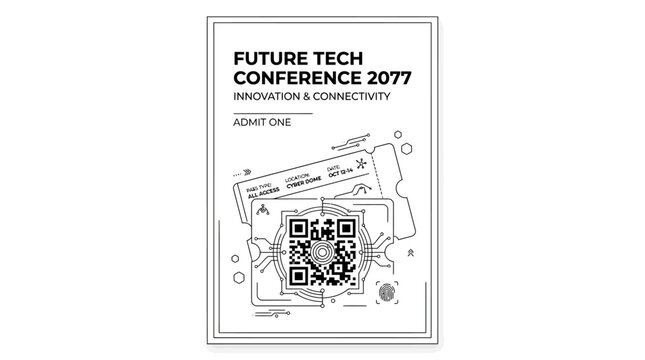 Future Tech Conference 2077 admission ticket design with QR code.