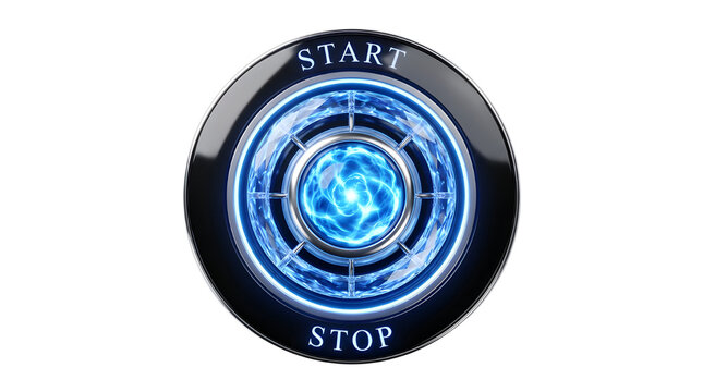 Futuristic start stop button with blue energy core, glowing ignition switch for automotive or industrial interface, sleek black circular push button