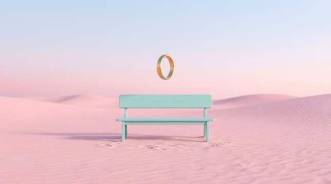 Surreal minimalist desertscape a solitary turquoise bench under a captivating golden ring