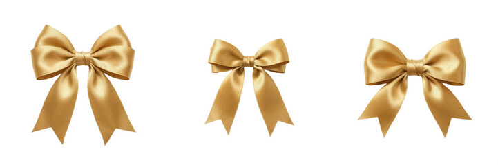 Shiny metallic gold ribbon bow decoration isolated transparent background festive gift wrap element png © charline