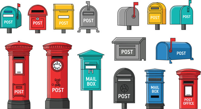 Colorful Mailbox and Vintage Postbox Collection with Postal Service Letter Box Vector Illustration Set
