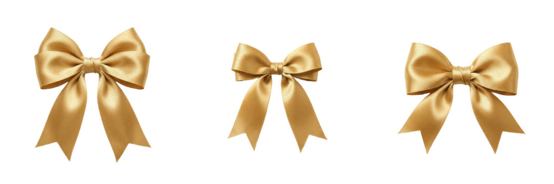 Shiny metallic gold ribbon bow decoration isolated transparent background festive gift wrap element png