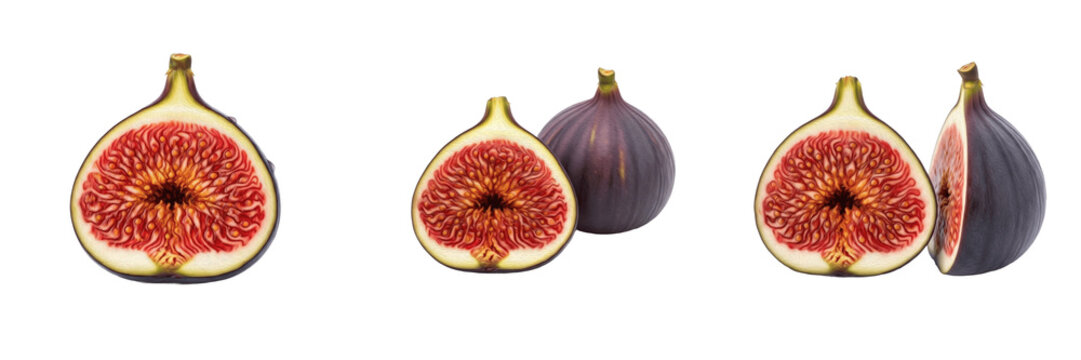 Fresh purple fig fruits whole and halved isolated transparent background healthy organic food png