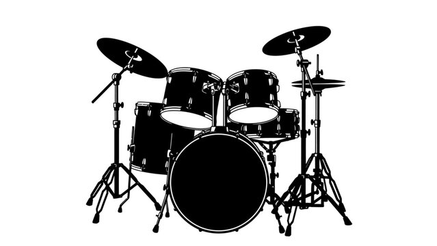 Black and white silhouette of a drum kit on white background