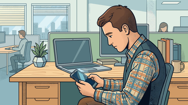 Distracted worker on phone - Young man sitting at his desk in a modern office using a smartphone for digital distraction concept and modern workplace challenges