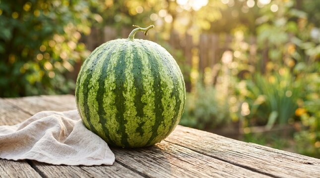 Whole ripe watermelon with water droplets sitting on a rustic wooden table in a sun-drenched garden during golden hour for summer harvest and healthy lifestyle concept