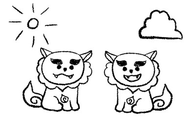 Fototapeta premium 屋外にいるシーサーの手描きイラスト