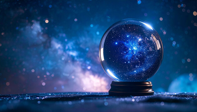 夜空と宇宙が浮かぶ水晶玉の幻想的なイメージ　占いと神秘をテーマにした青い光のグラフィック素材　コピースペースのあるWebバナーやプレゼン資料の背景画像