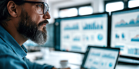 Fototapeta premium Focused Professional: Man Analyzes Data, Surrounded by Tech, in a Vibrant Office Space