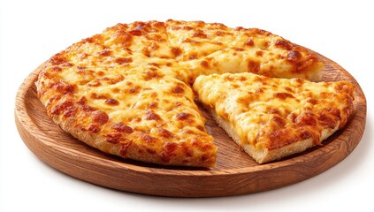 Round, cheesy pizza on a light wooden serving plate, a slice is pulled away