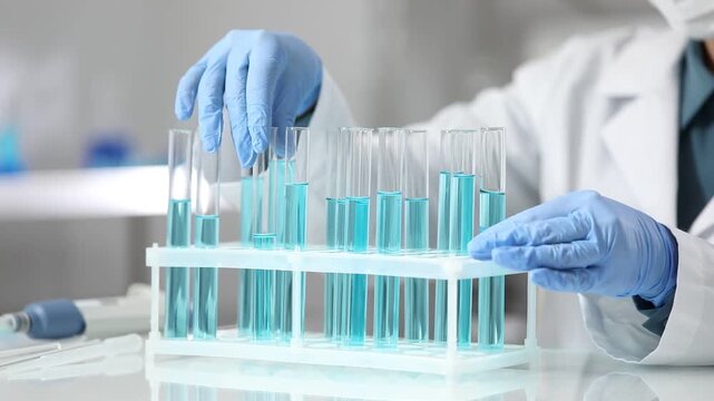 Scientist with blue liquid in test tubes at white table in laboratory, closeup