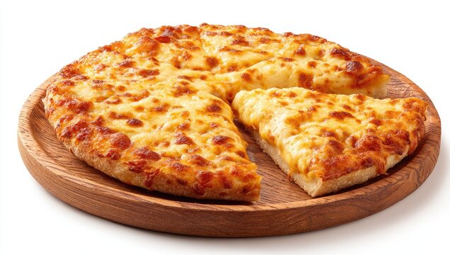 Round, cheesy pizza on a light wooden serving plate, a slice is pulled away