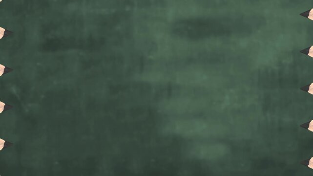 Transition of yellow school pencils on a green chalkboard background. Back to school concept.
