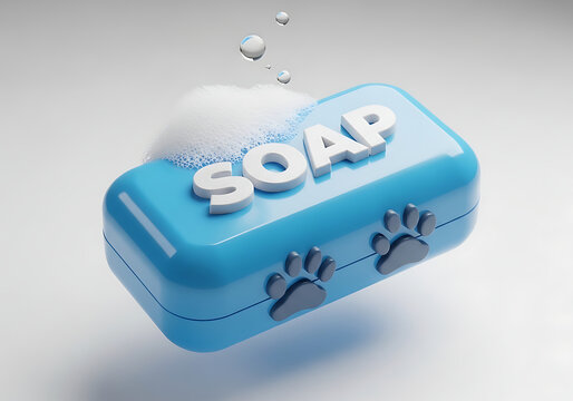 Blue bar of pet soap with paw print details and lather cleaning grooming sanitary cosmetic accessory domestic refreshing