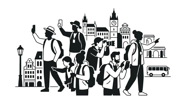 Group of diverse tourists exploring a city with cameras and smartphones.