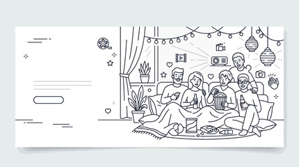 Naklejka premium Group of friends sitting on sofa watching movie together.