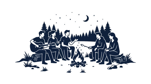 Group of friends sitting around a campfire playing guitar and roasting marshmallows.