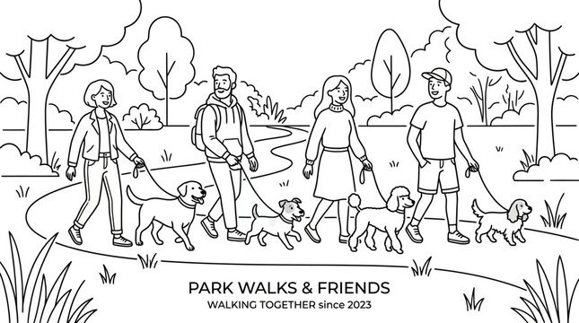 Group of friends walking their dogs in the park coloring page.