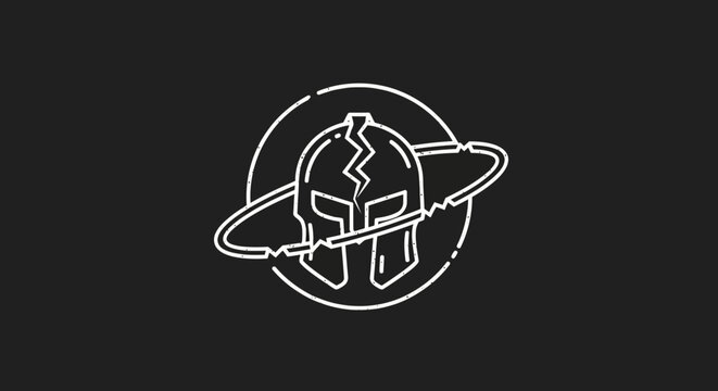 A minimalist vintage logo featuring a broken ancient warrior helmet encircled by an abstract orbital ring design, conveying a blend of history and future