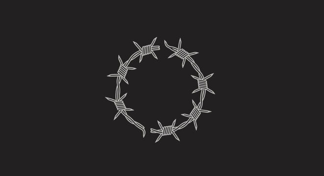 Barbed wire circle symbol on black background, representing restriction and confinement