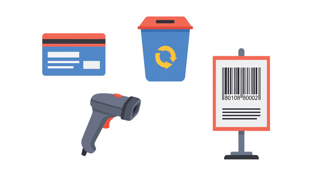 Illustration of a credit card, recycle bin, barcode scanner, and barcode sign, representing various aspects of modern commerce and sustainability.