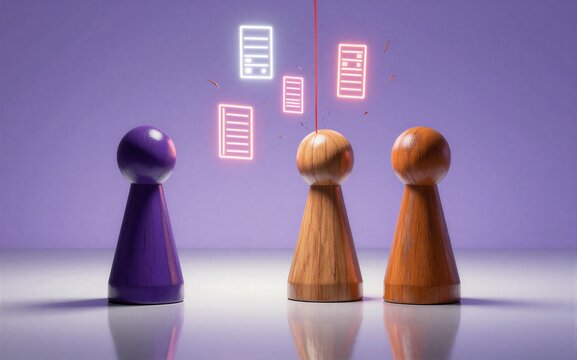 Two game pieces face off with glowing documents floating between them.